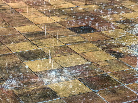 falling raindrops on the pavement tiles. city street during rainy weather.