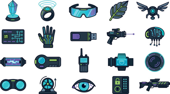 Cyberpunk and Sci Fi Gadget Icon Vector Set with Futuristic Technology Devices and Hi Tech Military Weapons for Mobile Game UI Designs
