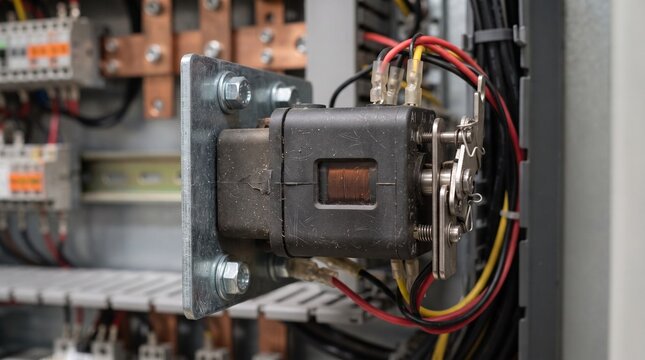 Industrial electrical control panel with mounted relay switch and wiring