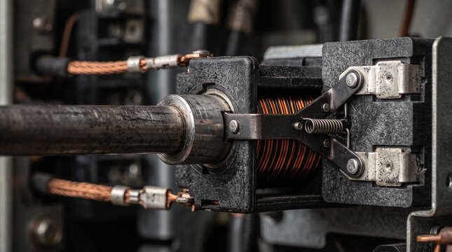 Close-up of industrial electrical equipment with copper wiring and coil