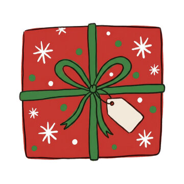 Red Gift Box with Green Ribbon Bow and Snowflakes for Winter Holidays