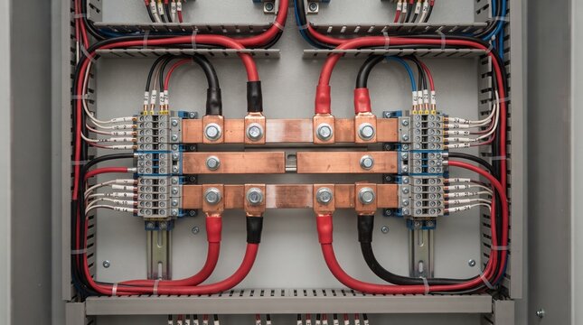 Industrial electrical control panel with copper busbars and wiring