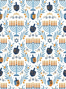 Hanukkah Seamless Pattern with Menorah, Dreidel, Star of David and Olive Branches for Jewish Festival Background