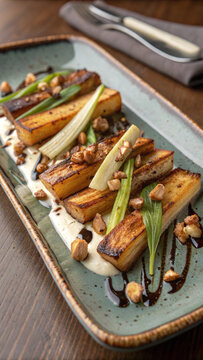 Elegant roasted celeriac with smoked almond cream, black garlic glaze, toasted hazelnuts and crispy leek in dark restaurant styling