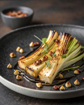 Photorealistic roasted celeriac wedges with smoked almond cream, black garlic glaze, hazelnuts and crispy leek in moody light