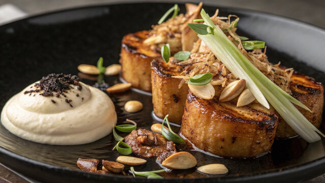 Macro roasted celeriac revealing bronzed caramelized crust, smoked almond cream, black garlic glaze, hazelnuts and crispy leek