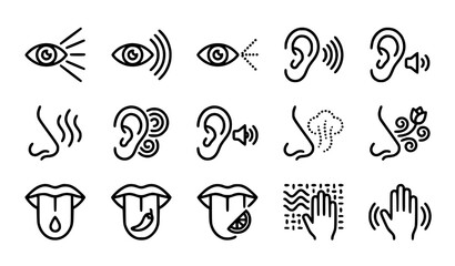 Obraz premium Human Sensory Perception Five Senses Editable Stroke Line Icon Vector Set