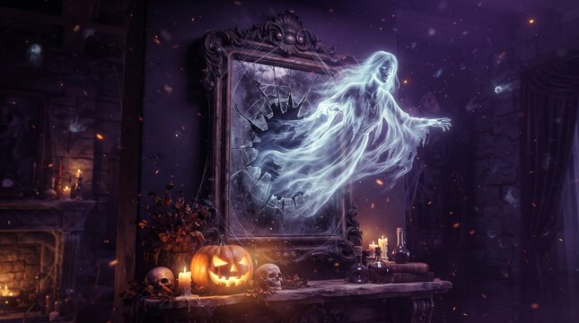 Translucent ghost emerging from an ornate vintage mirror in a dark room with a jack-o-lantern
