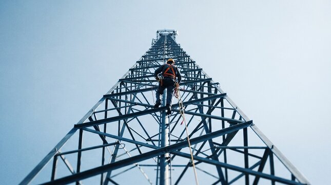Telecom rigger climbs metal lattice tower against blue sky.