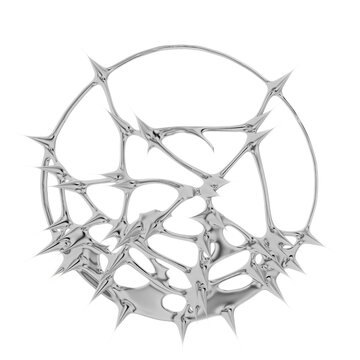 high quality 3d realistic render of circular voronoi geometry nodes setup with sharp metallic spikes and chrome topology for technical digital art