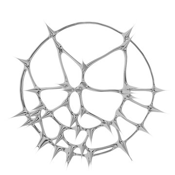 high quality 3d realistic render of circular voronoi geometry nodes setup with sharp metallic spikes and chrome topology for technical digital art