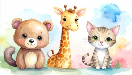 Obraz premium Watercolor Animals - A Charming Trio of Bear, Giraffe, and Cat.
