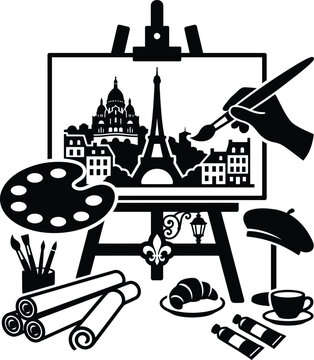 Artist painting paris skyline with beret and croissant