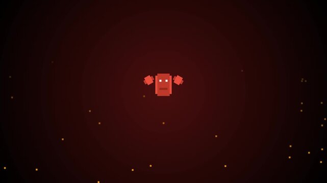 Pixelated red character in dark space with starry sky and red glowing background, suitable for gaming or scifi designs.