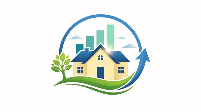 Modern real estate logo design featuring house with growing green bar charts and blue circular arrow on white background isolated