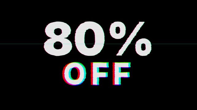 80 percent off discount text with digital glitch effect, cyber distortion, sale promotion and shopping event