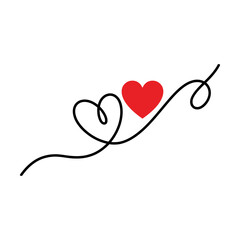 Fototapeta premium Minimalist continuous line art drawing of a heart shape with a red heart icon for romantic love and valentines day design Vector