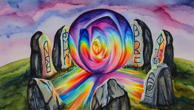 Mystical Runestones Circle with Rainbow Energy Sphere