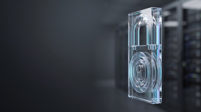 Vertical transparent padlock with blue glowing core in a data center