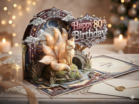 Happy 80th Birthday card pop up style with mystic fox
