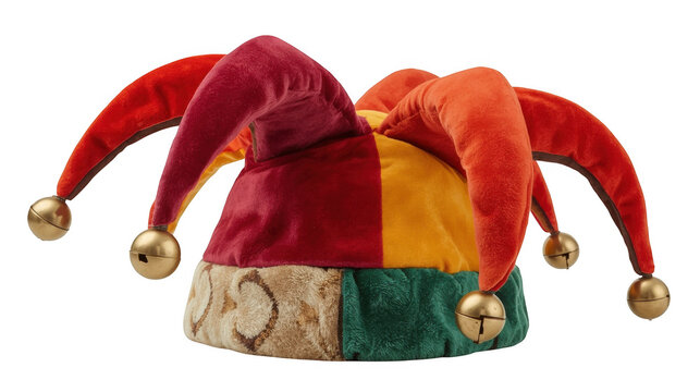 A detailed jester hat featuring red, green, and gold sections with three bells and a textured top on a plain background.