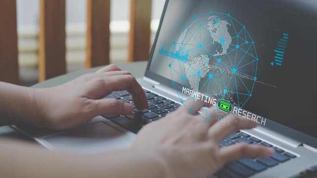 Business professional using laptop with marketing research dashboard, analyzing digital data, market trends and global analytics for business strategy, online research and data driven decisions.
