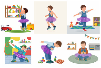 Fototapeta premium Little Boy Wearing a Purple Tutu Skirt Playing and Expressing Himself in Playroom Illustration Set