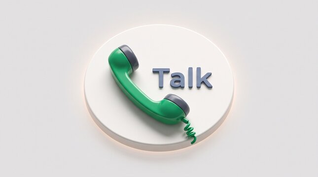 Green retro telephone receiver icon resting on a circular white platform with three dimensional letters spelling talk in studio lighting