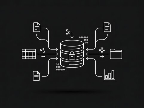 Data security icon diagram showing information flow into a central encrypted database