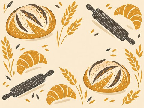 Bakery Pattern with Bread Croissants and Rolling Pins packaging design label design box packaging pr