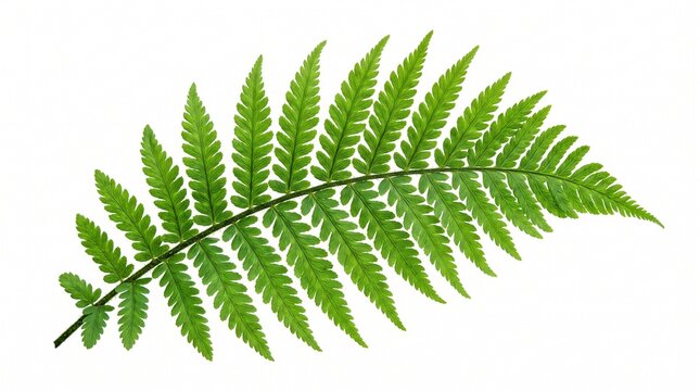 Green fern leaf isolated on white background, vibrant tropical plant frond, botanical foliage element for nature design and organic branding