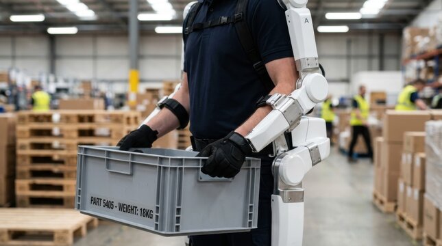 Warehouse worker wearing an exoskeleton suit lifting a crate