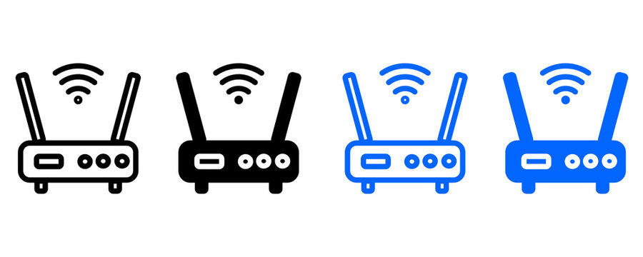 Modern Minimal WiFi Router Icon Set. High Resolution 2D Outline and Solid Blue Wireless Internet Network Connectivity Technology UI Vector Icons Collection