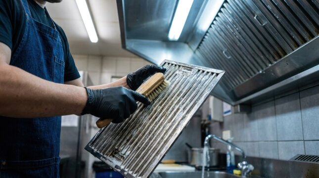 Worker cleaning a kitchen grease filter with a brush