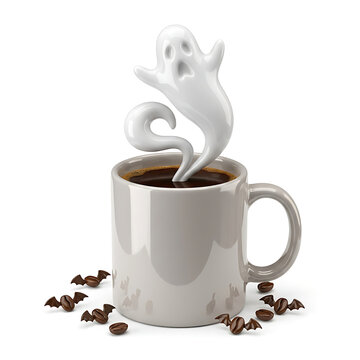 Spooky ghost rising from a cup of hot coffee on white background