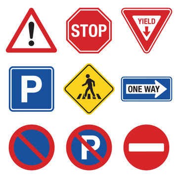 A collection of nine common traffic and road signs, including stop, yield, pedestrian crossing, parking, and no entry signs.