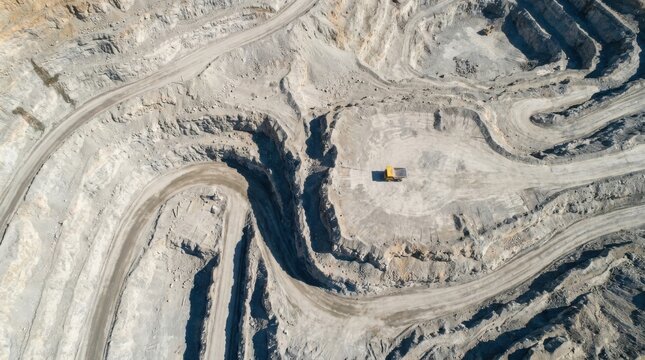 Aerial view of a large openpit mine with a yellow dump truck