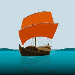 Traditional Sailing Ship on Calm Sea Flat Vector Illustration © Ayon