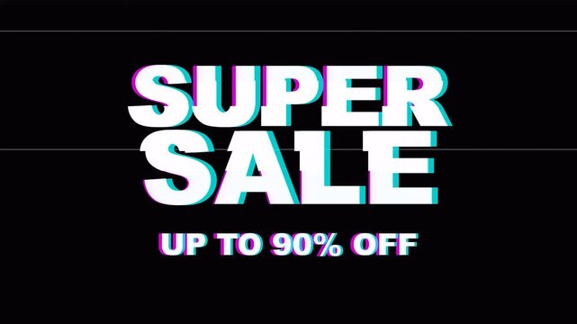 Super sale up to 90 percent off text animation with digital distortion effect, cyber glitch texture, discount promotion, retail marketing