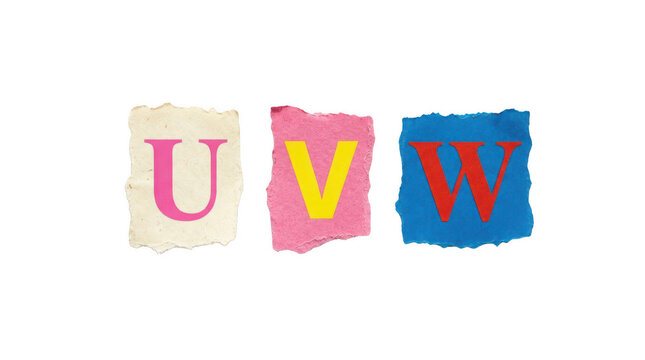 Letters u, v, w on torn paper isolated on transparent background