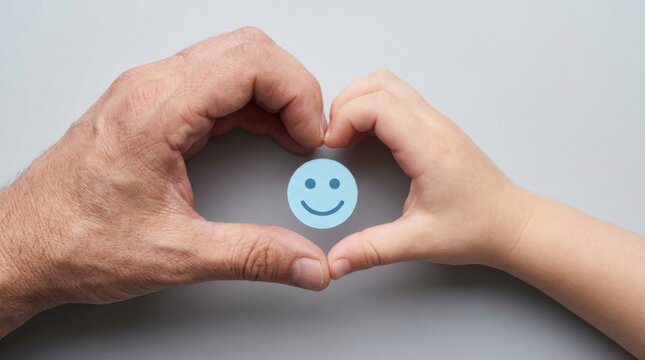 Adult and child hands forming a heart shape around a smiley face