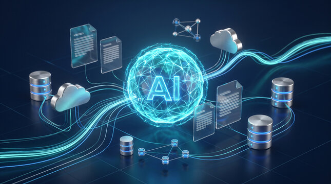 Artificial intelligence sphere with data nodes databases cloud storage and documents for AI services.