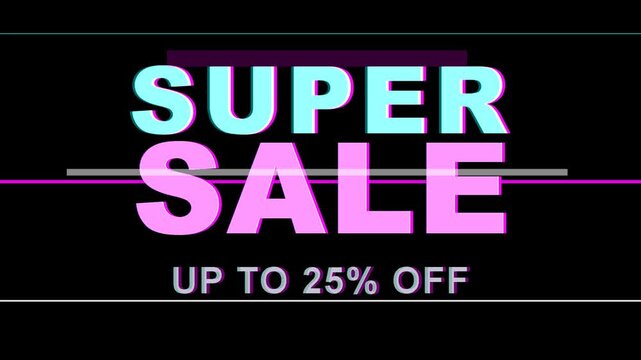 Super sale promotional banner with glitch effect and typography, discount offer, commercial event, special deal