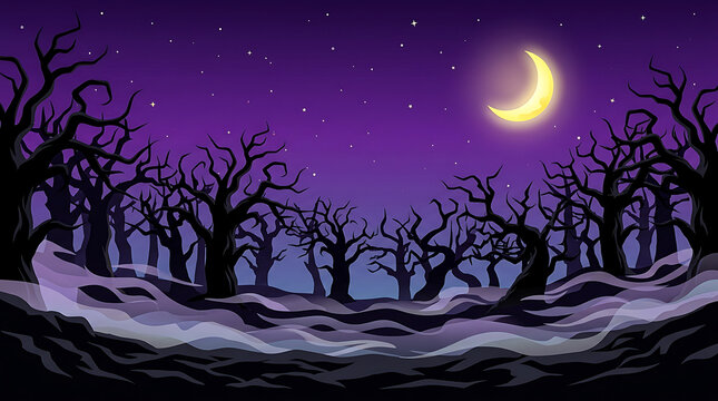 Spooky pixel art forest landscape with bare trees and a bright crescent moon in a dark purple night sky for retro video game background