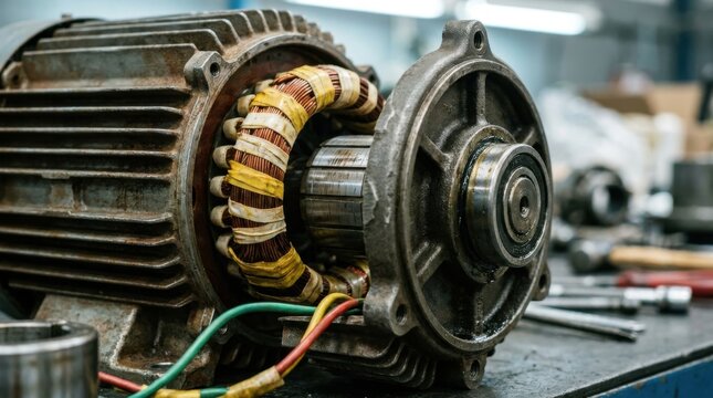 Industrial electric motor disassembled for repair in a workshop