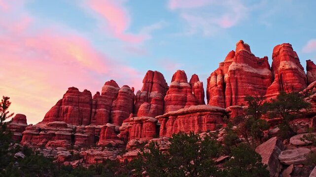 Sunset glow over sandstone spires along Druid Arch trail