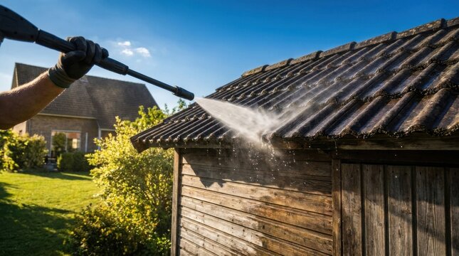 Person using a pressure washer to clean a wooden shed roof