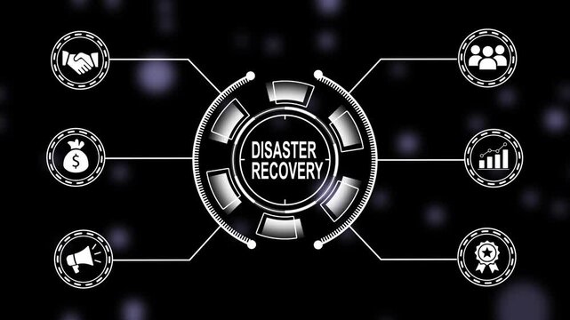 Disaster recovery concept animation featuring digital interface hud business continuity strategy data protection infographics, and cyber security management system