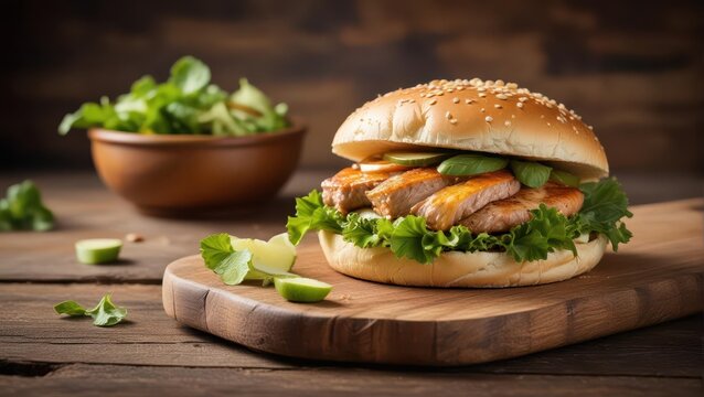 Freshly grilled chicken breast on top of a juicy burger