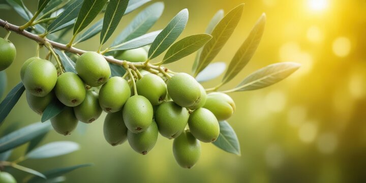 Green olives clustered together at different levels on a mature olive branch against a soft natural light background